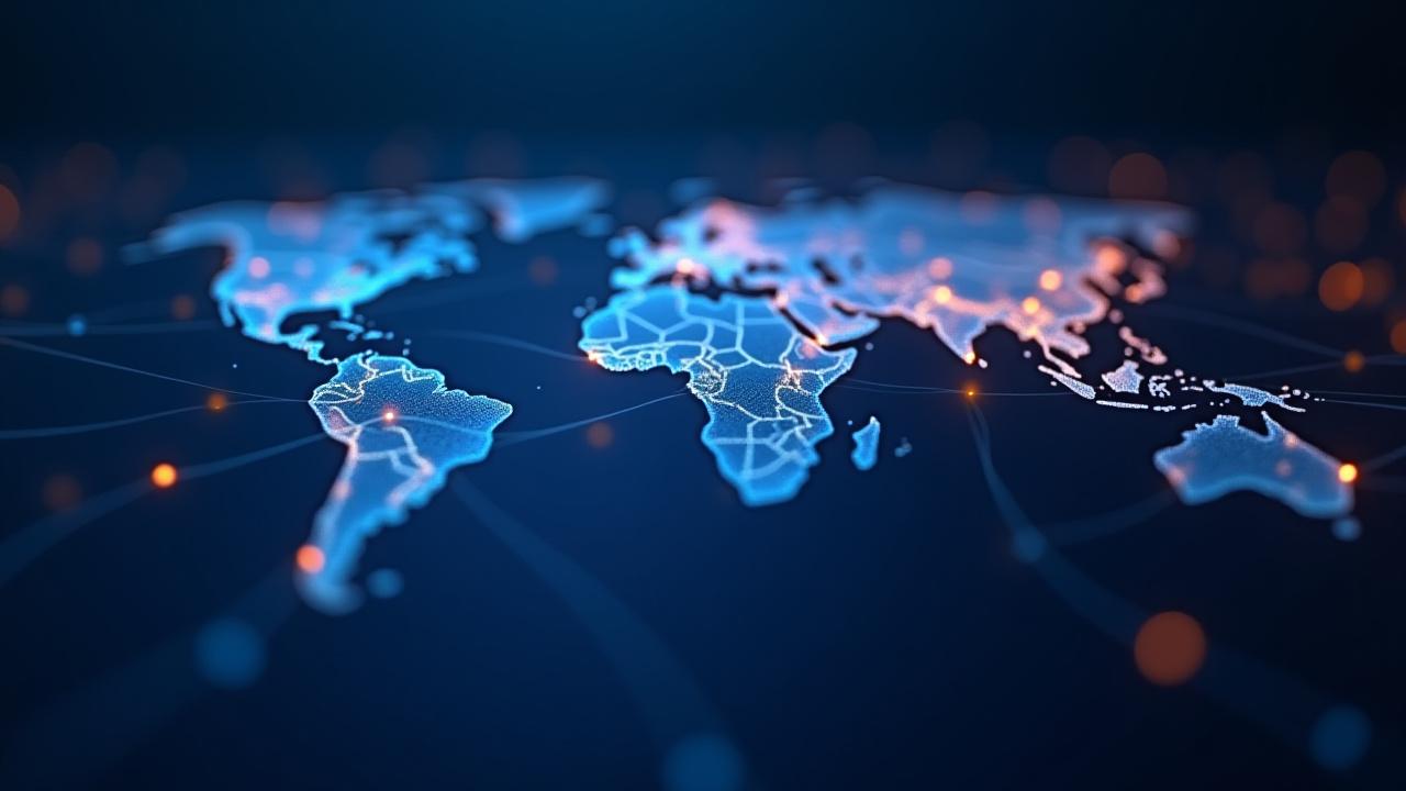 Abstract digital freight network with glowing nodes and data pathways connecting Mission Texas to the world